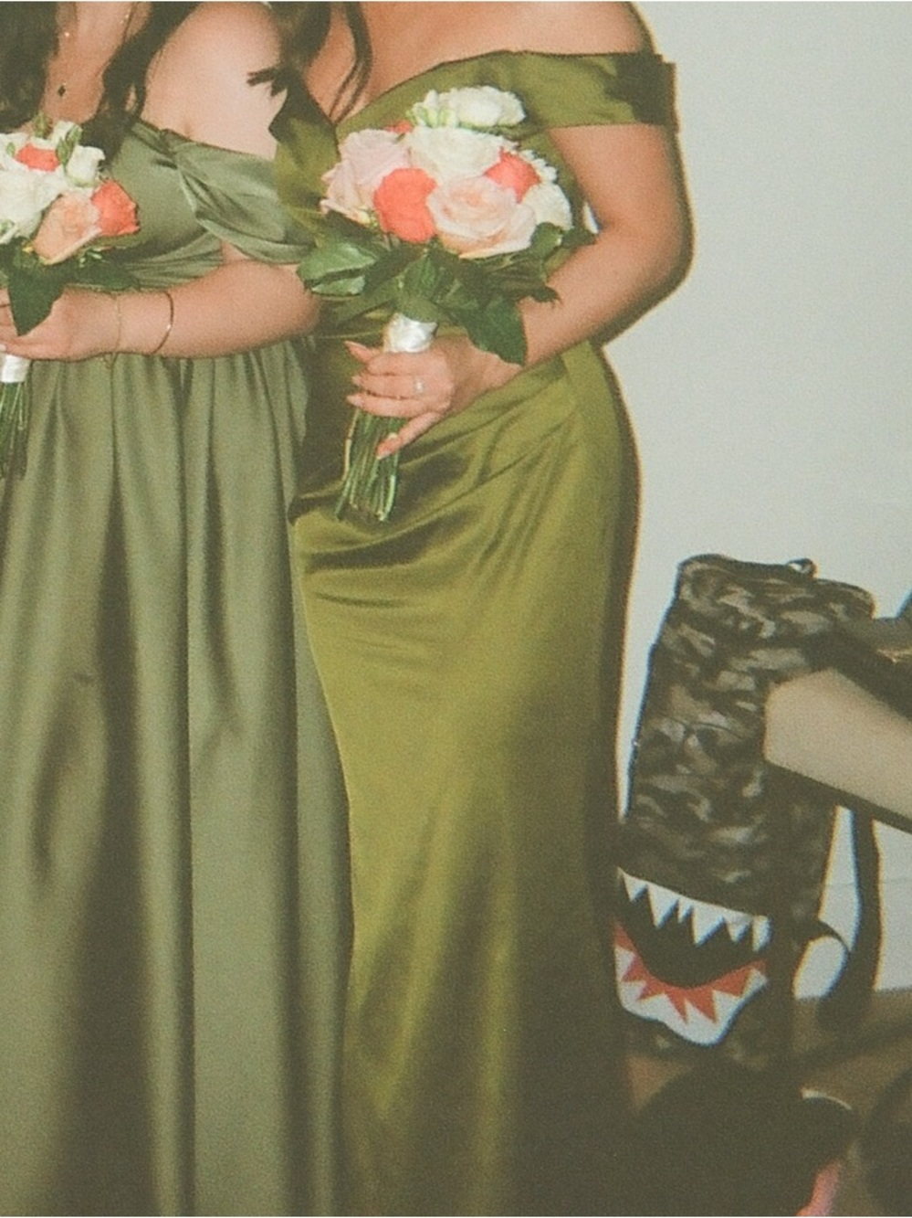 David's Bridal Off the Shoulder Olive Green Satin Evening Gown☺️